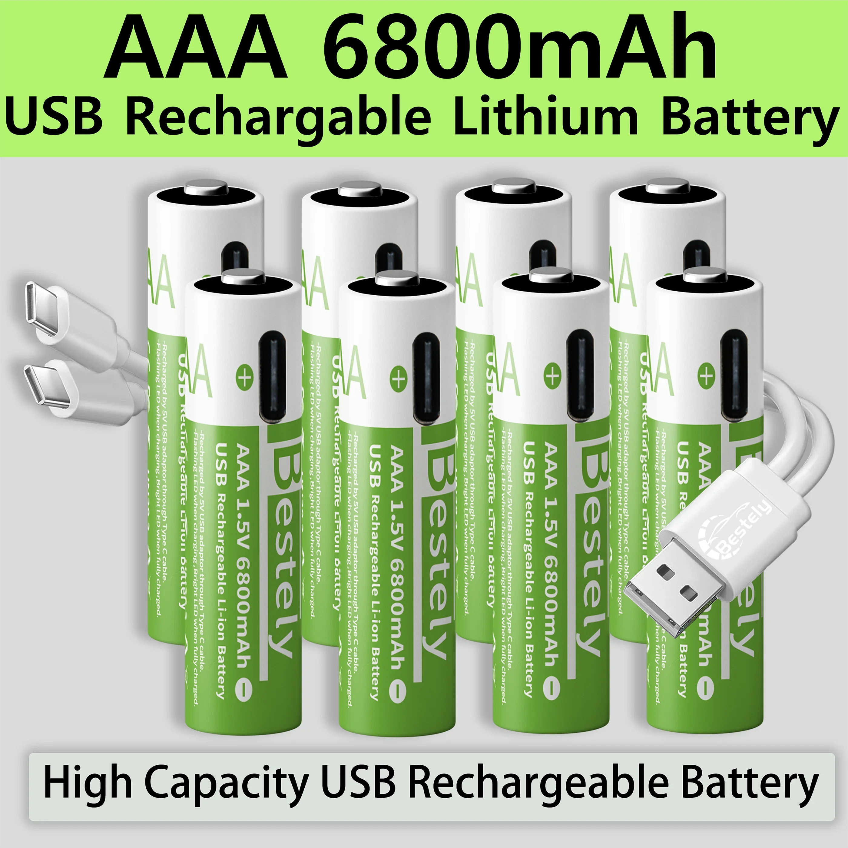 New 1.5v AAA 6800mAh Rechargeable Lithium Batteries High Capacity AAA Li-ion Battery Type-C USB 2000 times cycle with free cable
