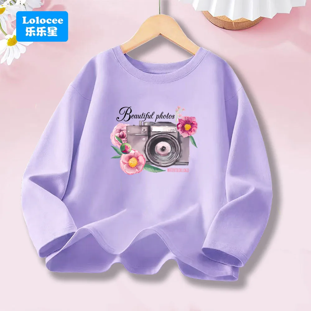 Vintage T-Shirt Girls' Camera Flower Tshirt Kids Spring Fashion Long Sleeve Cotton T Shirt Casual Hipster Teens Tops XJ1