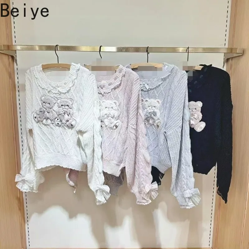 Kawaii Lolita Cropped Sweater Women 3D Bear Appliqué Ruffle Neck Bow Cuff Cable Knit Jumpers Sweet Girly Long Sleeve Pullover