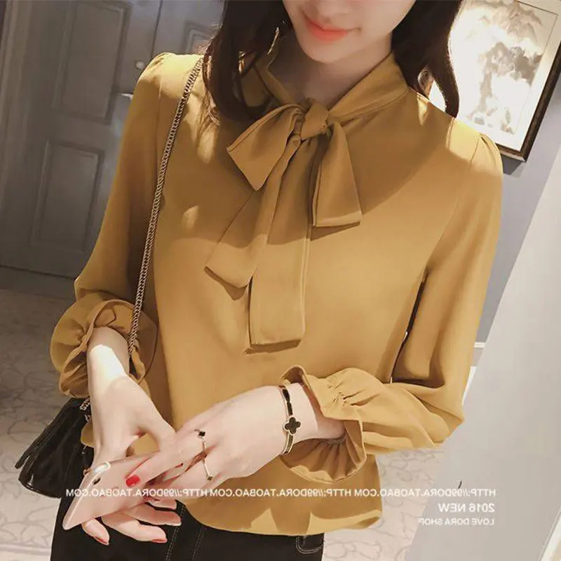 Women\'s Long Sleeve Shirts Korean Fashion Simplicity Solid Color Lacing Bow Temperament All-match Casual Loose Tops Spring