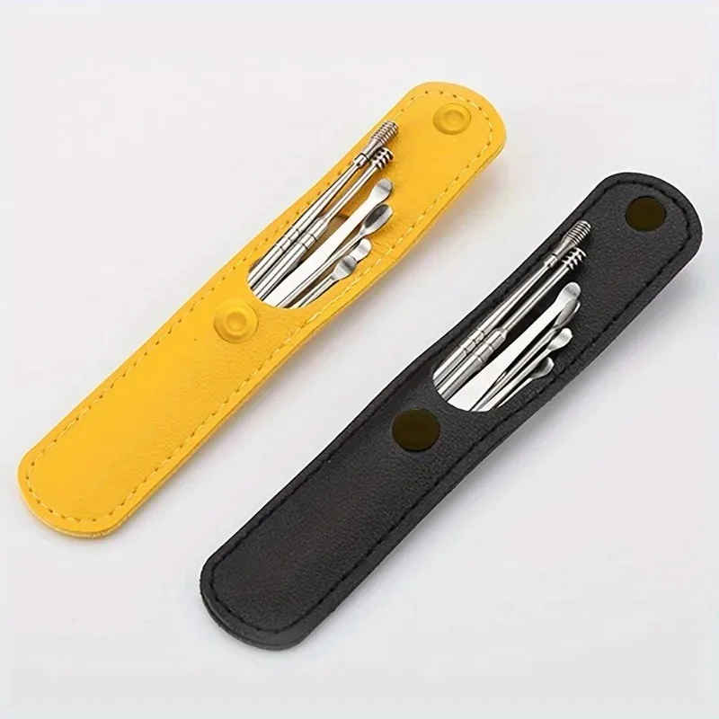 1 Set Safe Stainless Steel Ear Spoon 6-piece Multi Functional Ear Digging and Cleaning Tool Set Portable Spiral Spring
