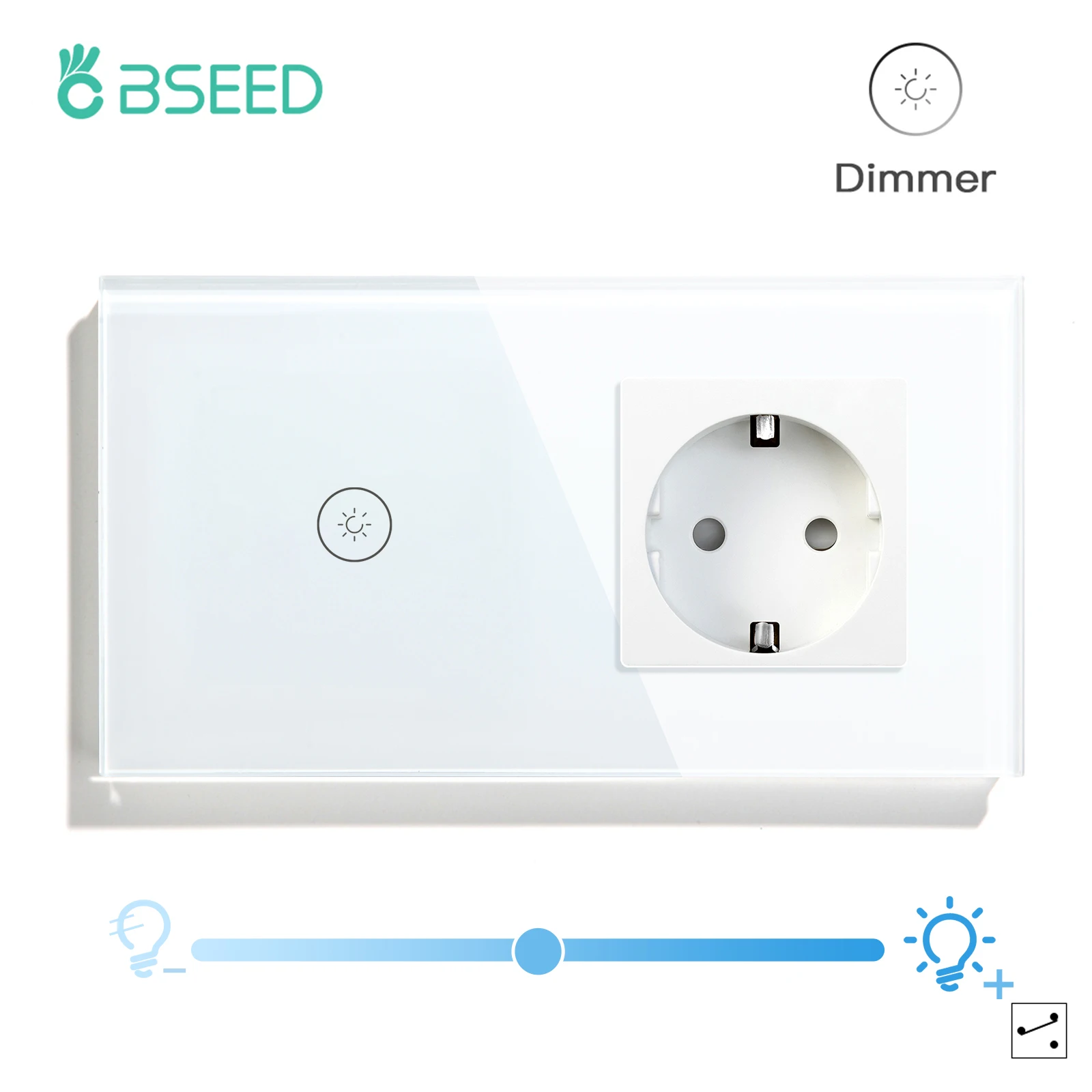 BSEED 1Gang 2Way Wall Dimmer Light Switch Dimmable Touch Sensor Switch Crystal Panel EU Standard Wall Power Socket 16A