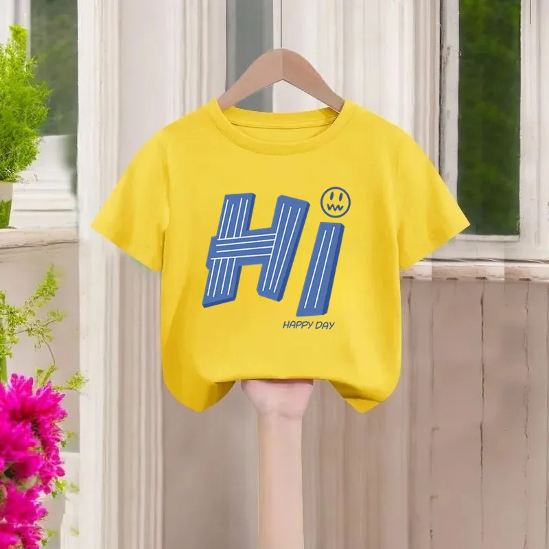 Hi Letter Printed Summer Short Sleeved New T-shirt Summer Outfit Smiling Face Handsome Children's  Shirt Parent-child Outfit