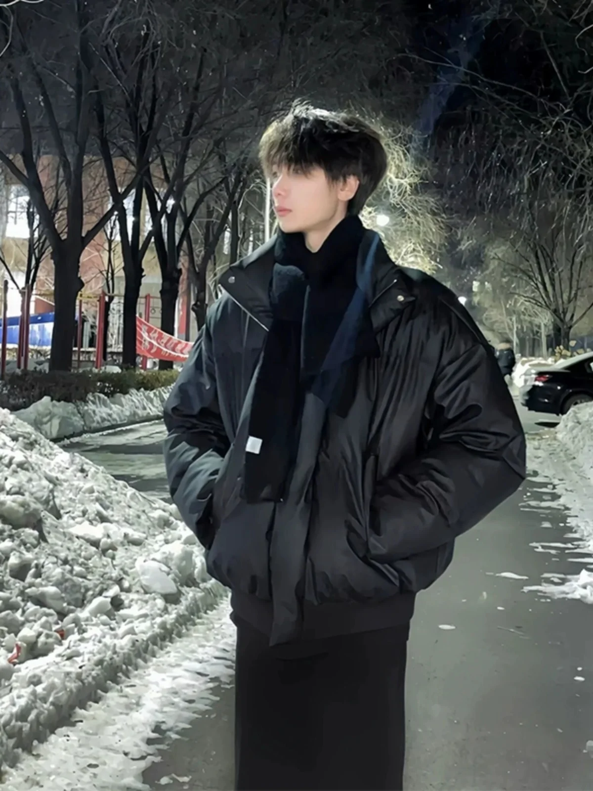 

Bla PU Leather Thiened Cotton Jaet Men's Winter Faion Stand Collar Bread Sle Oversize Coat Warm Zipper Closure Casual