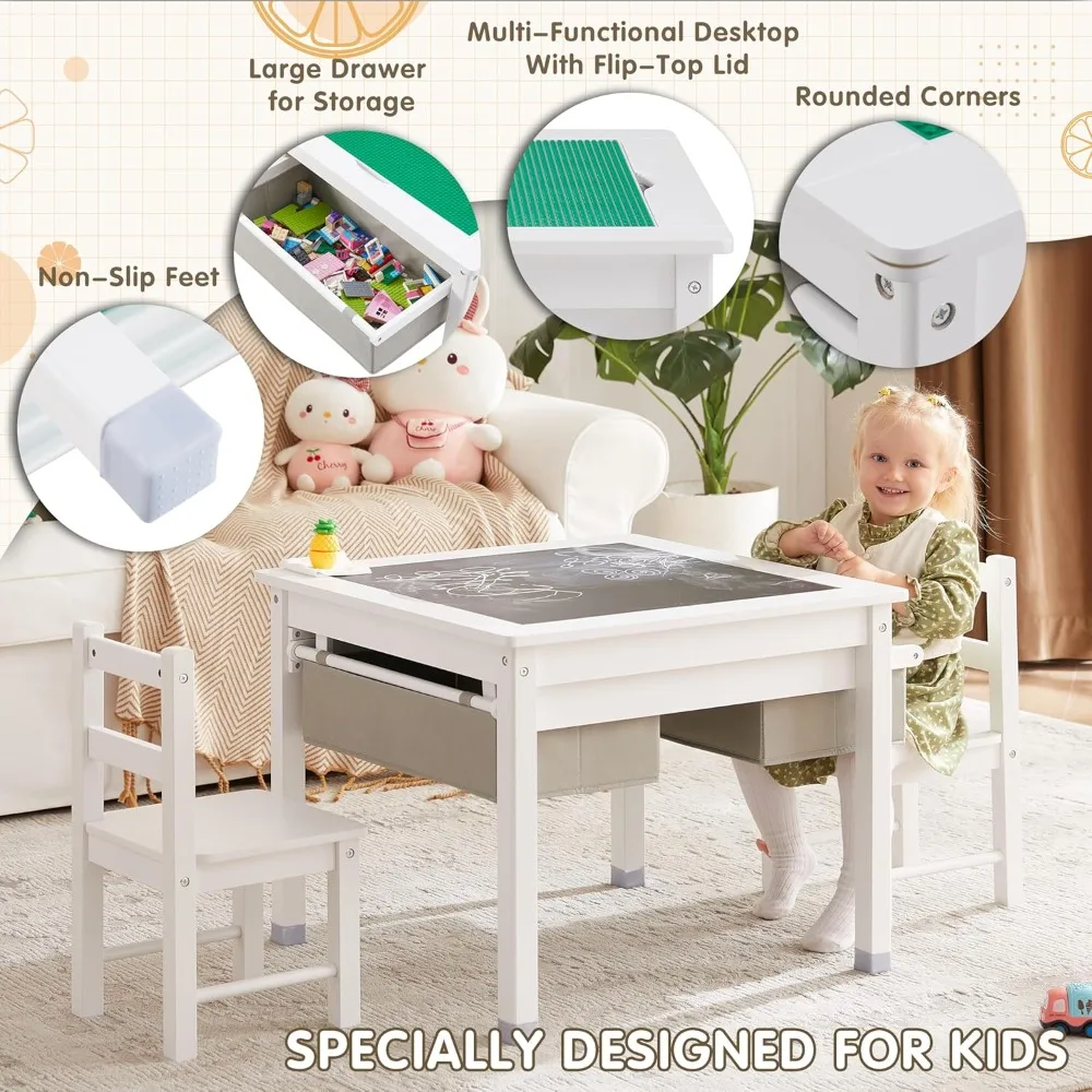 Conjunto de mesa infantil 3 em 1 e 2 cadeiras com armazenamento, mesa de jogo de construção para crianças com blocos removíveis e mesa de quadro-negro