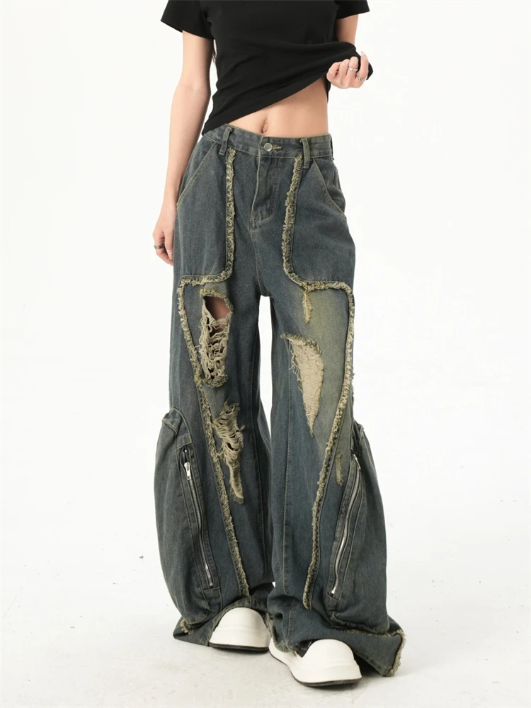 

Женские широкие уличные джинсы с большими карманами и отверстиями, крутые стильные брюки для девочек, повседневные брюки, женские джинсовые брюки с высокой талией