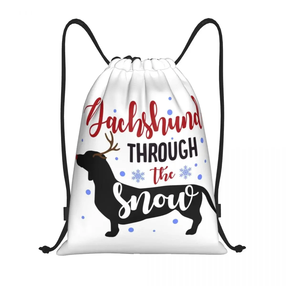 Christmas Dachshund Through The Snow Drawstring Backpack Sport Gym Sackpack Portable Cute Deer Sausage Dog Mom Training Bag Sack