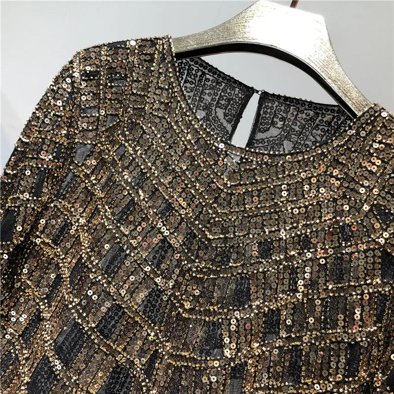 Women Luxury Sequin Beading Mesh Stitching Shirts Sexy Perspective Shiny Beaded Blouses Long Sleeve O-neck Gauze Tops Blusas