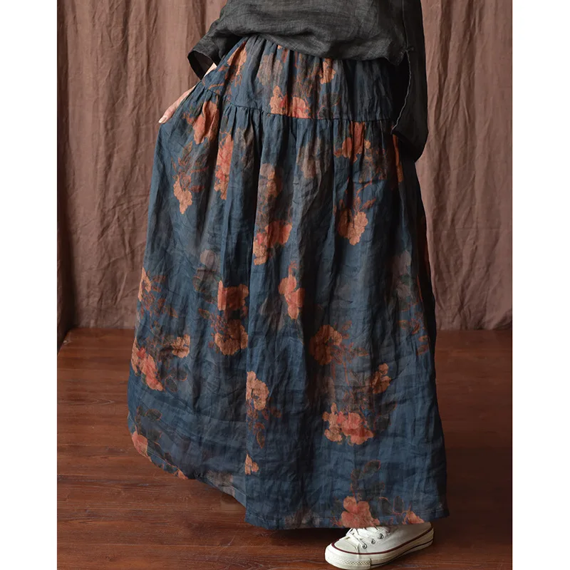 Women Vintage Maxi A-line Skirts New Floral Printed Loose 100% Ramie Skirts Female High Quality Mori Girl Causal Big Hem Skirts