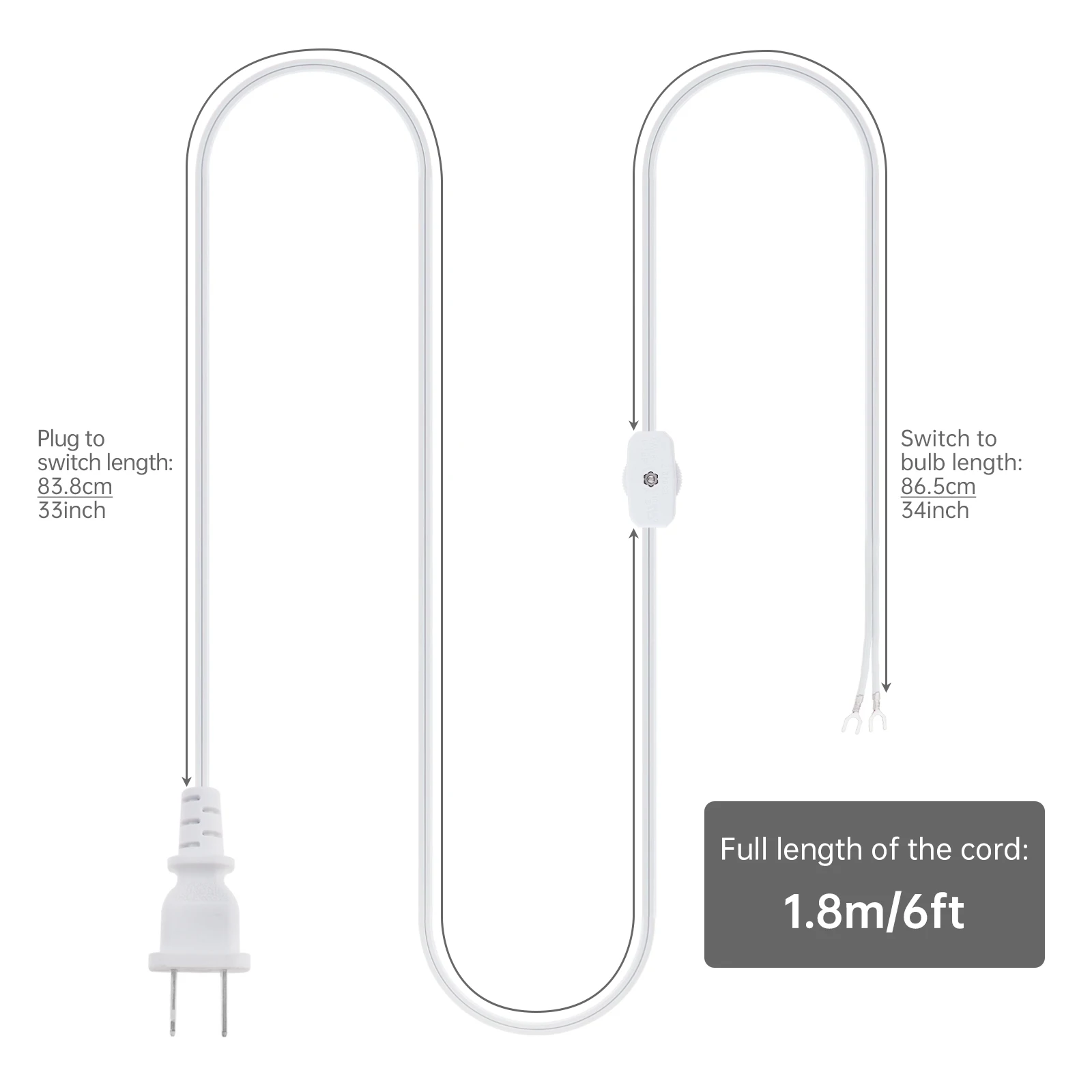 1.8M/6FT Lamp Cord 18AWG Replacement Power Cord for Wiring with Gear Switch, Fork Terminal Lighting Accessories