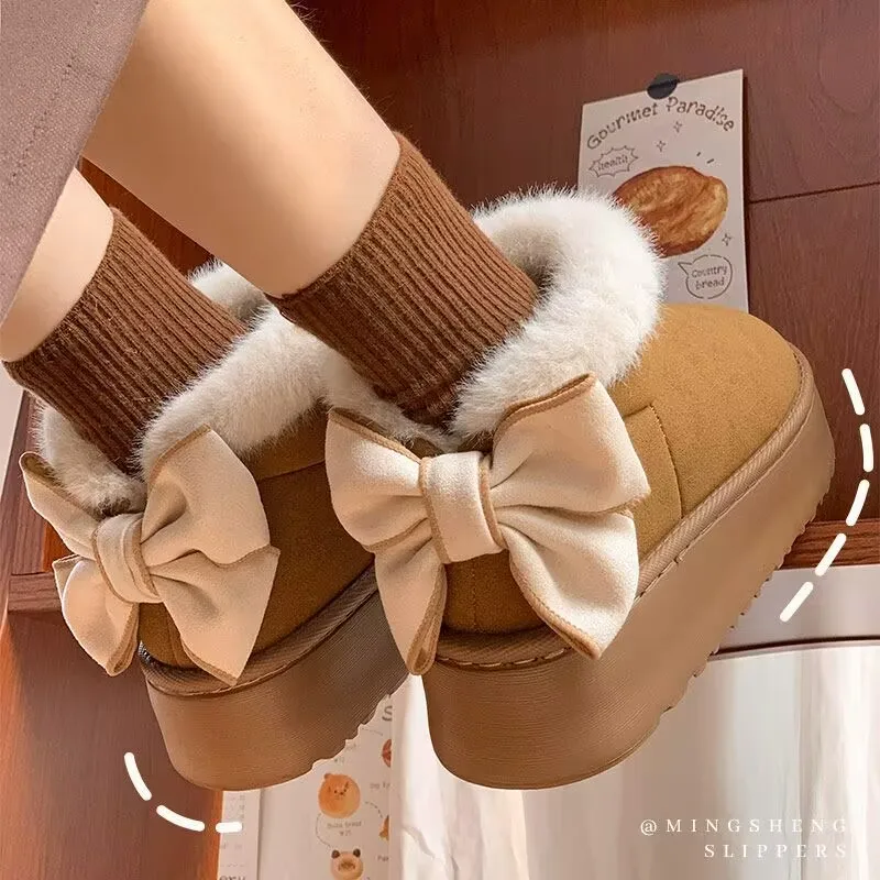 

Bowknot Snow Boots 2025 New Winter Women Thick Cotton Boots Sweet Girls Casual Non-slip Slippers Student Plush Warm Cotton Shoes