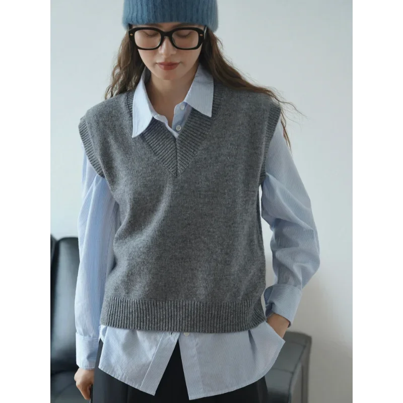 Women Knitted Vest Autumn Layered Wear Sweaters Wool Loose Grey Casual Sleeveless Tops New Korean Texture Pulls Jumpers Clothes