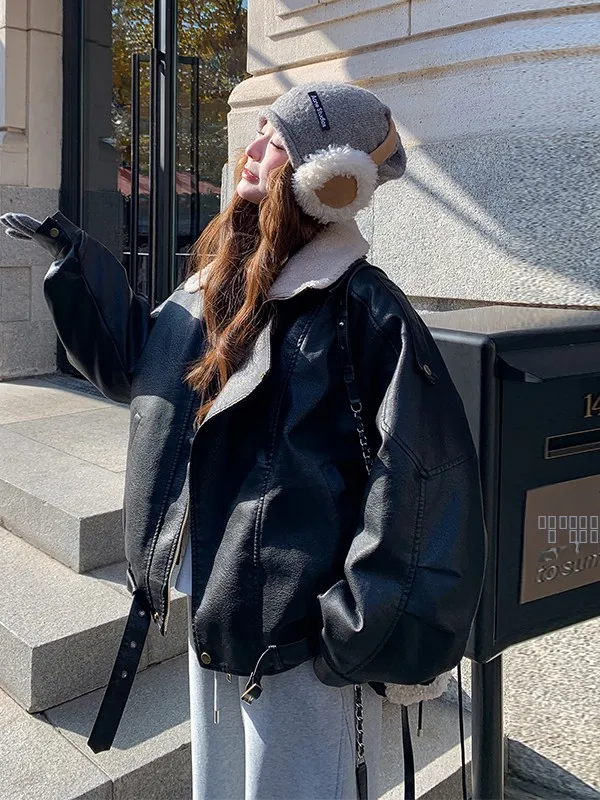 

Bla Lamb Fur Collar ort Biker Sle Women's Puffer Jaet Warmth Guaranteed Winter 2025 New Arrival Faionable Casual Fit