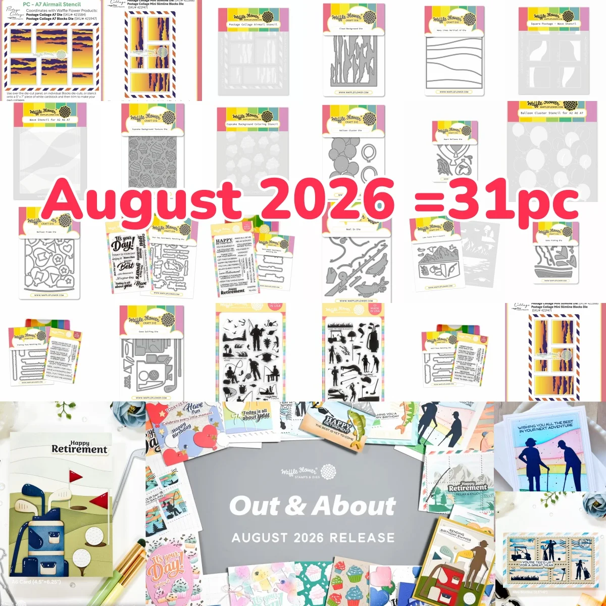 2026 Out About August Gone Golfing Fishing Balloon Metal Cutting Dies Clear Stamps Stencil for DIY Making Card Scrapbook