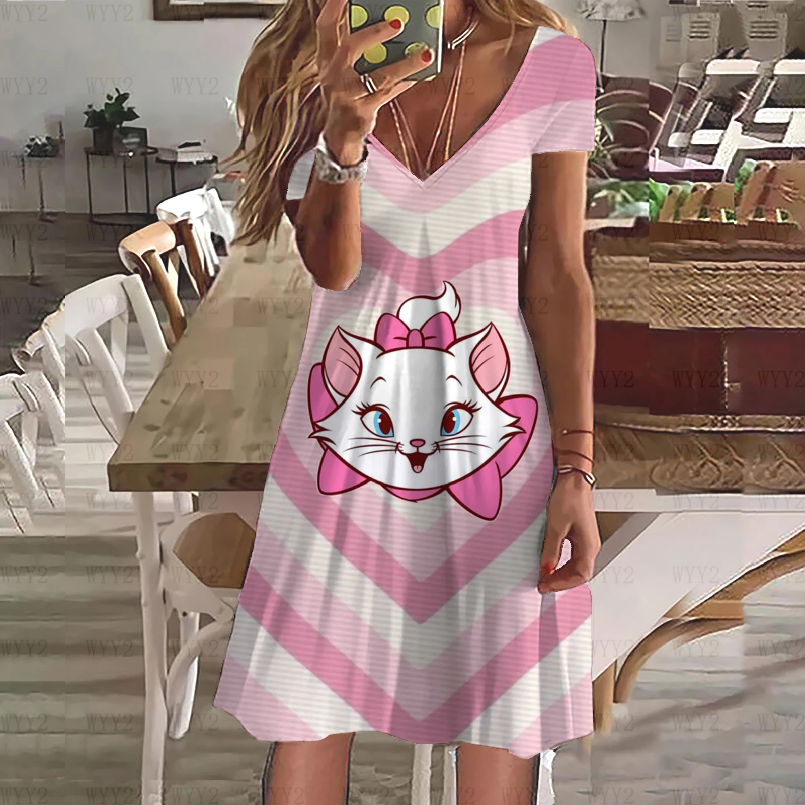 แฟชั่นฤดูร้อนสาวชุด Disney Marie Cat V คอลําลองสไตล์ Pastoral Slim หวานขี้เกียจ Midi ชุดหลวม Street สไตล์กระโปรง