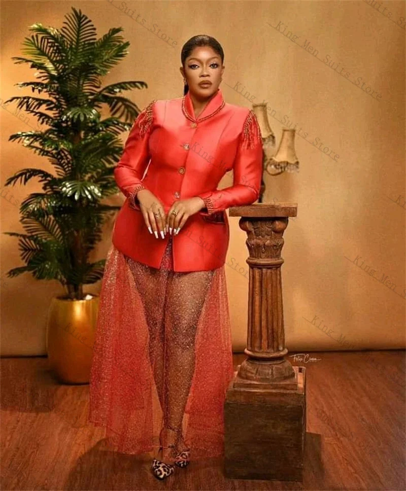 Red Satin Women Suits Set 2 Piece Blazer+Sheer Prom Dress Luxury Beaded Customized Formal Office Lady Jacket Wedding Tuxedo Coat