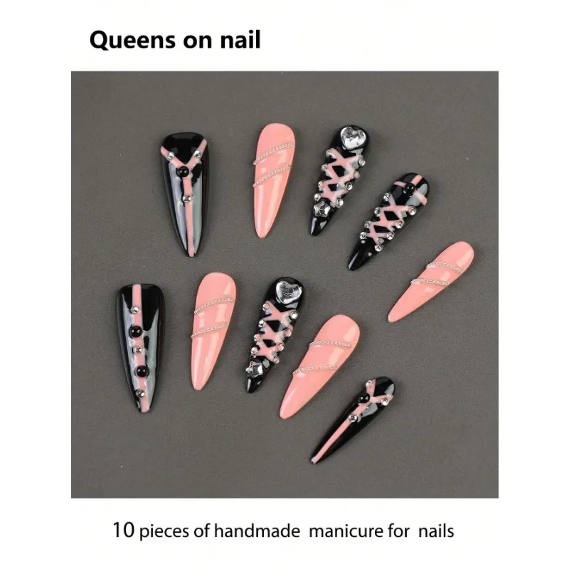 

10 Pieces Handmade press on Nails Ballet Style False Nails/Lace Bows/Oversized Love Sparkling Diamonds/Square Diamonds