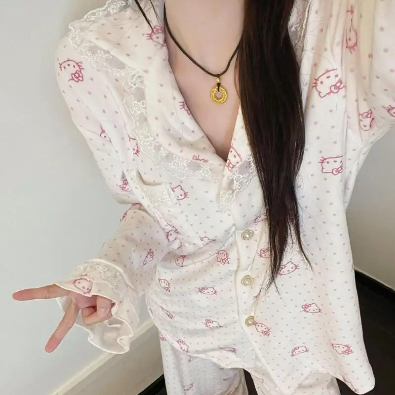

Женский пижамный комплект Kawaii Hello Kitty в горошек, лето 2025, белая прозрачная одежда для сна с кружевной отделкой Y2K, эстетичная одежда для дома, состоящая из двух предметов
