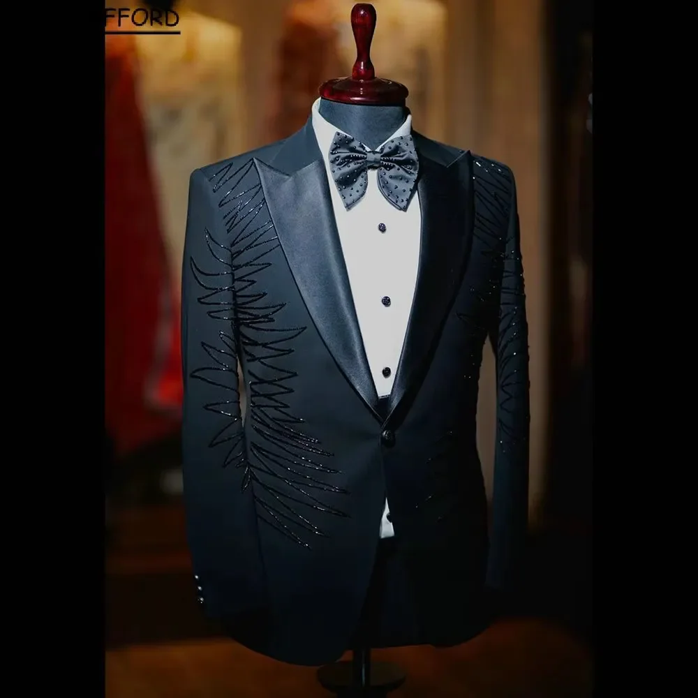 Dark Navy Sequined Two Pieces Men Suits Evening Party Blazer Groom Wear ( Jacket + Pants )