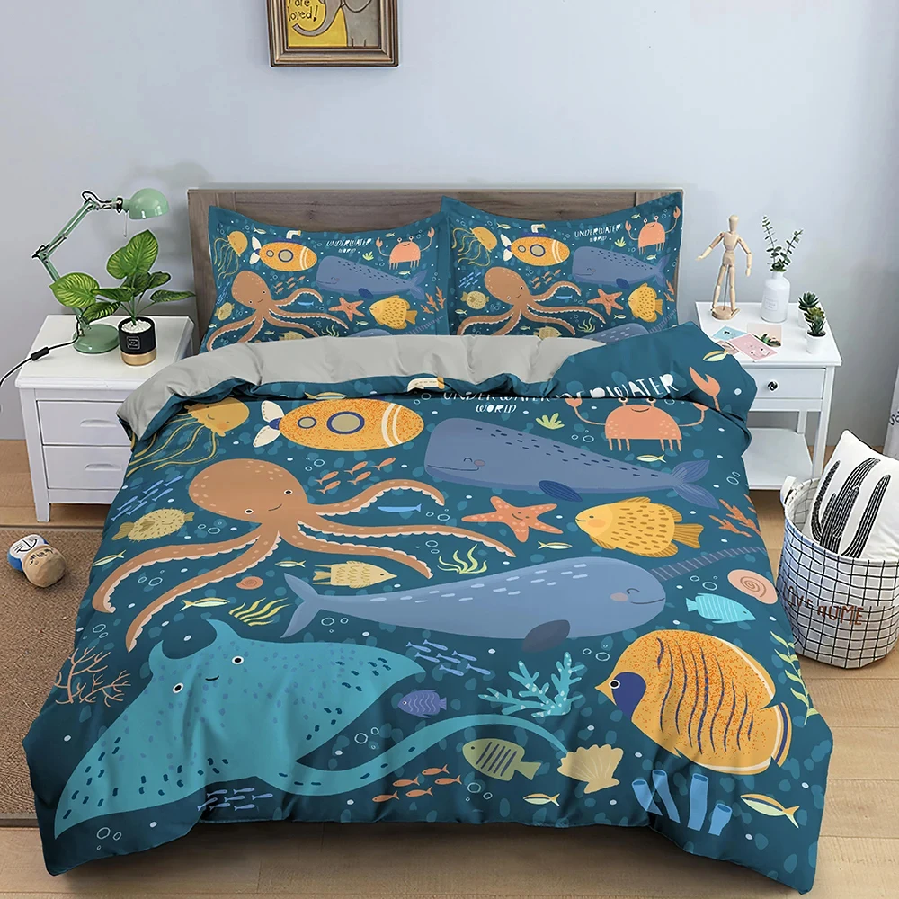 Cartoon Underwater World Sea Animal Bedding Set,Duvet Cover Bed Set Quilt Cover Pillowcase,King Queen Twin Size Boys Girls Adult