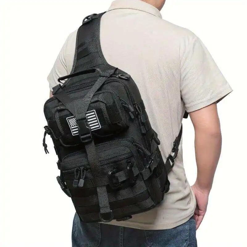 Unisex Tactical Shoulder Bag Black Durable Nylon Crossbody Sling Backpack Military Chest Pack Multi-Pocket EDC Messenger Bag Flag Patch D-Ring Outdoor Gear Accessories for Hunting Fishing Hiking