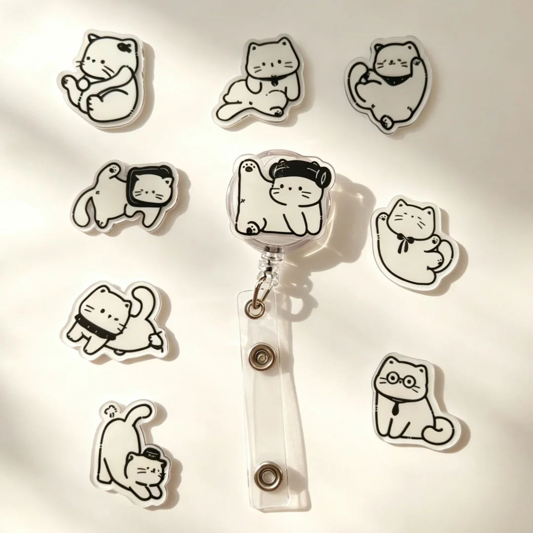 1 Piece Acrylic Retractable Nurse Badge Reel Cute Anime Cat Student Doctor ID Card Holder Keychains Lanyard