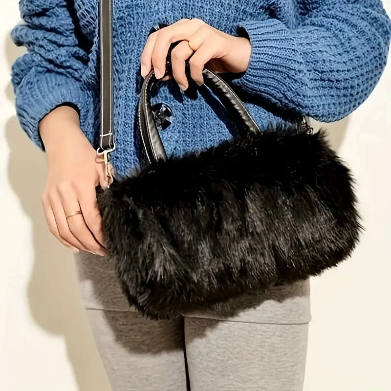 Minimalist Fluffy Plush Shoulder Bag Solid Color Top Handle Satchel Bag All-Match Women's Crossbody Bag Purses with Strap
