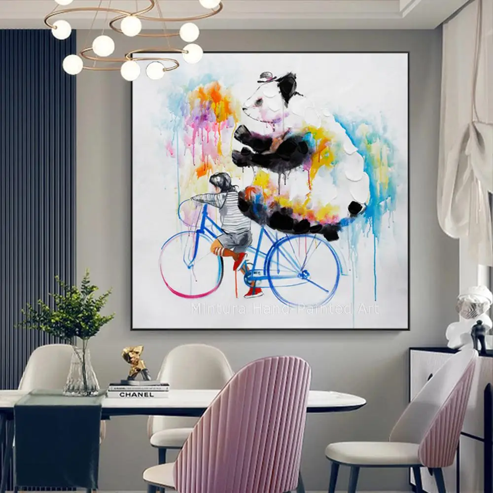 

Mintura,Large Artwork Wall Art,Picture For Living Room Home Decor Bicycle Giant Panda Animal Hand Painted Oil Painting On Canvas