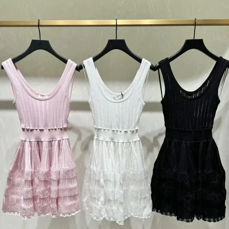 French Style Exquisite Hollow-out A- Line Vest Dress Summer Fashion Round Neck Sleeveless Slim Party Knitted Sling Dress Women