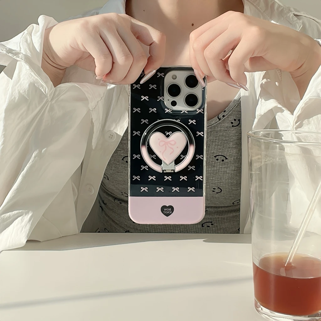 

Милый полноэкранный розовый бантик Love с металлическими складками и держателем, магнитный чехол для телефона для IPhone 16, 15, 14, 13 Pro Max