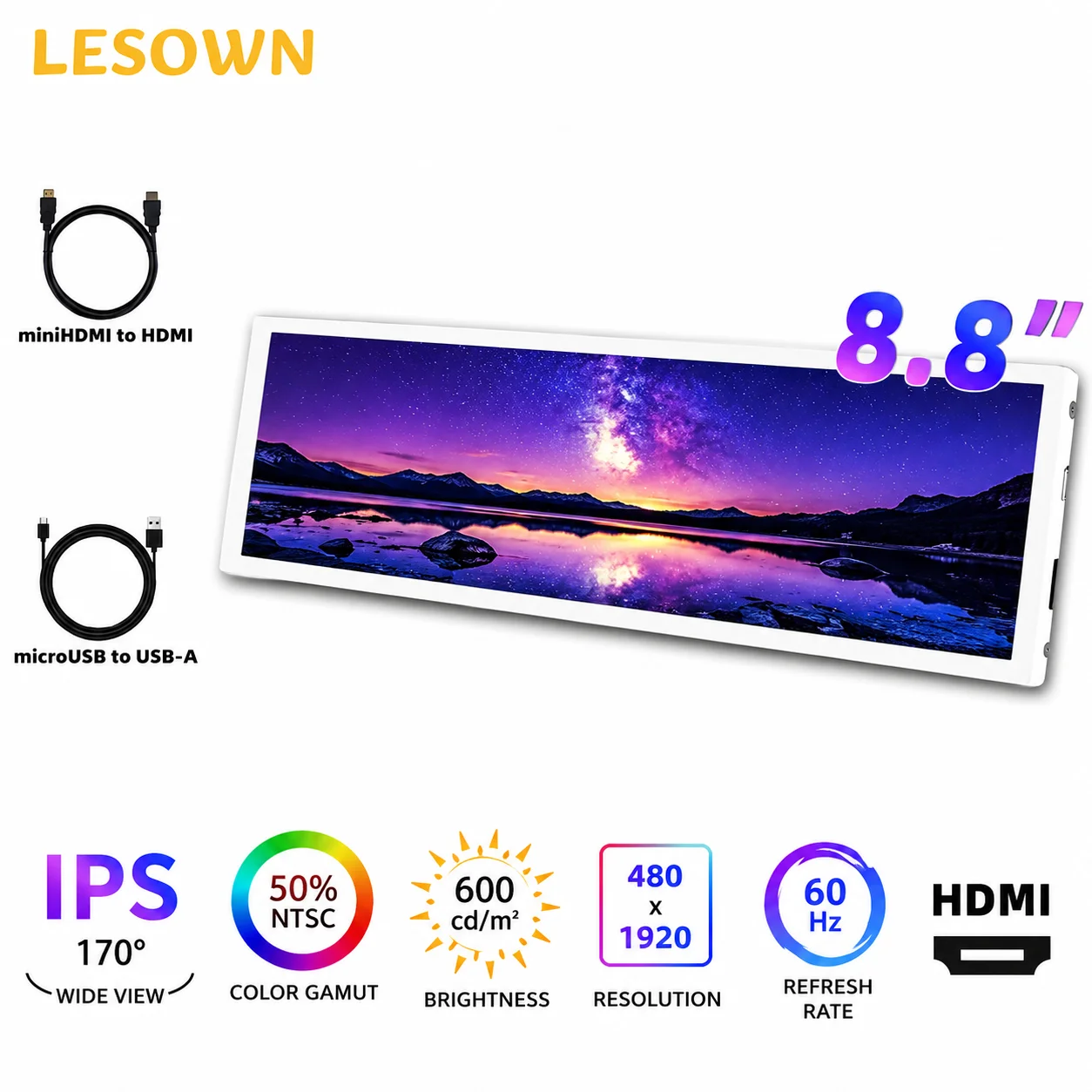 LESOWN Aluminium White 8.8'' Driverless Secondary Screen White PC Case Sub-screen 1920x480 miniHDTV 4:16
