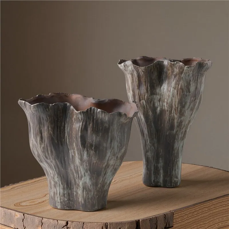 Large-diameter vase wabi-**** wind ceramic flower ware, living room, bedroom, home decoration ornament, model room matching deco
