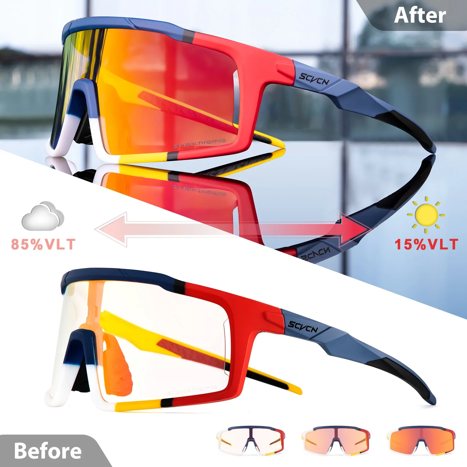 Scvcn Color Photochromic Cycling Glasses Bicycle Red Blue Golden Sunglasses Sports Men MTB Road Bike Eyewear Goggles Racing