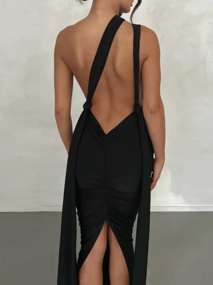 セクシーなディープ V ネック腿の高スプリットボディコンマキシドレス女性ロングショルダーストラップ背中の開いたスキニーイブニングドレスクラブパーティー Vestidos