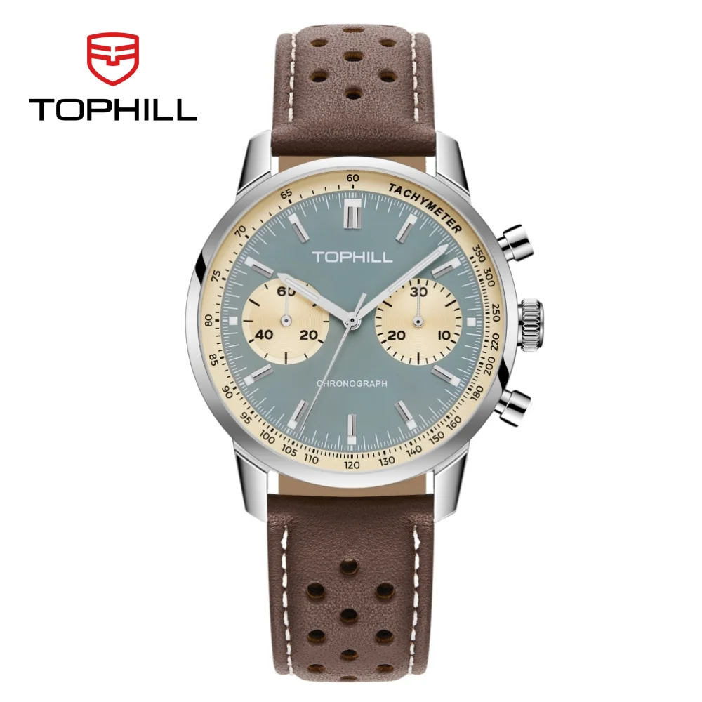 TOPHILL 40mm Chronograph Watch Mechanical Pilot 1963 ST1901 Hand Winding Sapphire Crystal Military C3 Luminous 5Bar TL027G