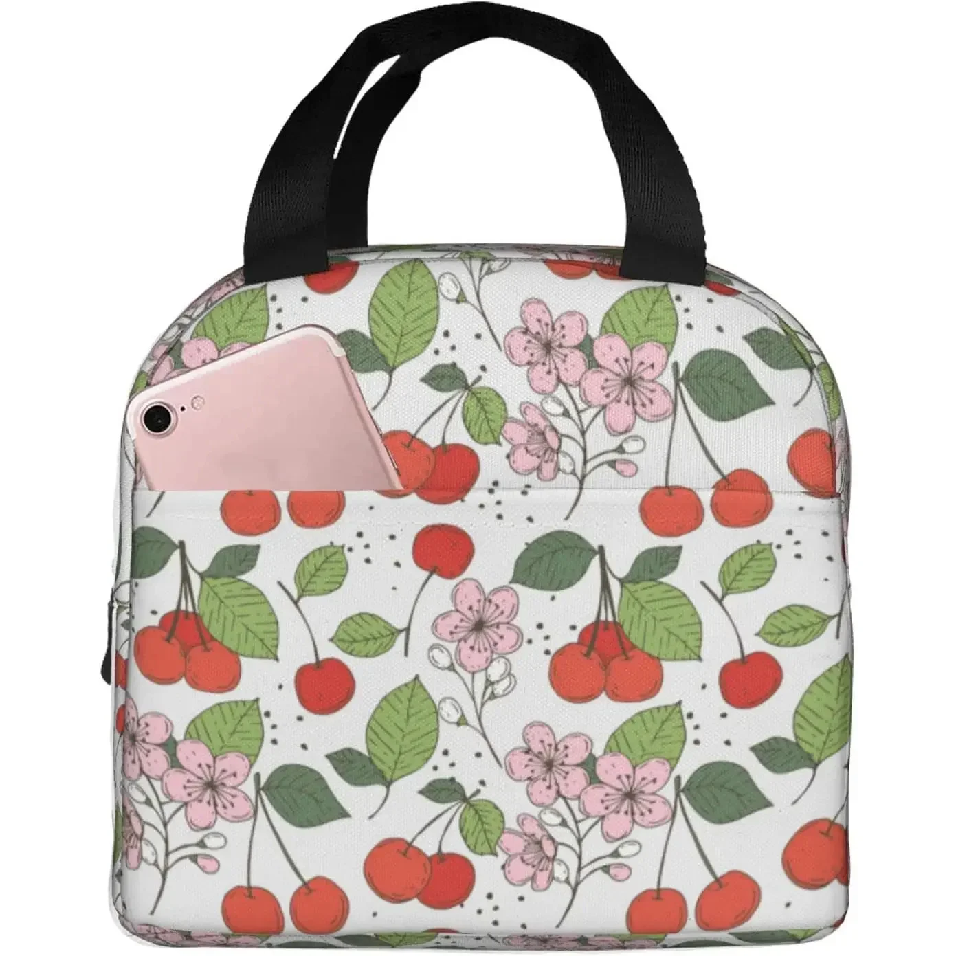 Insulated Lunch Bag Suitable for Women & Men - Cute Cherry Print Lunch Box Container with Front Pocket & Handle, Oxford Cloth fo