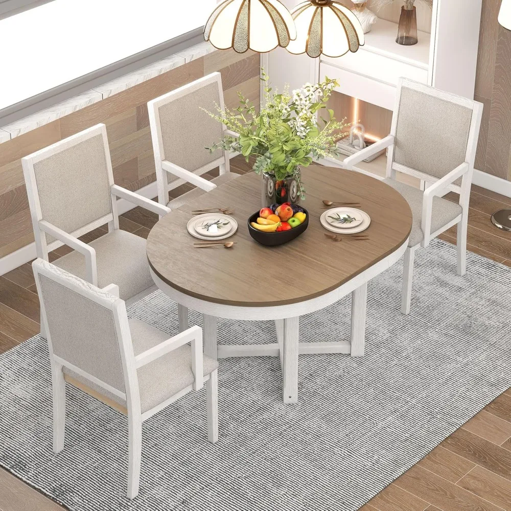 Farmhouse 5-piece Retractable Circular Dining Table Set,equipped with Butterfly Leaf Table and 4 Comfortable Cushioned Armchairs