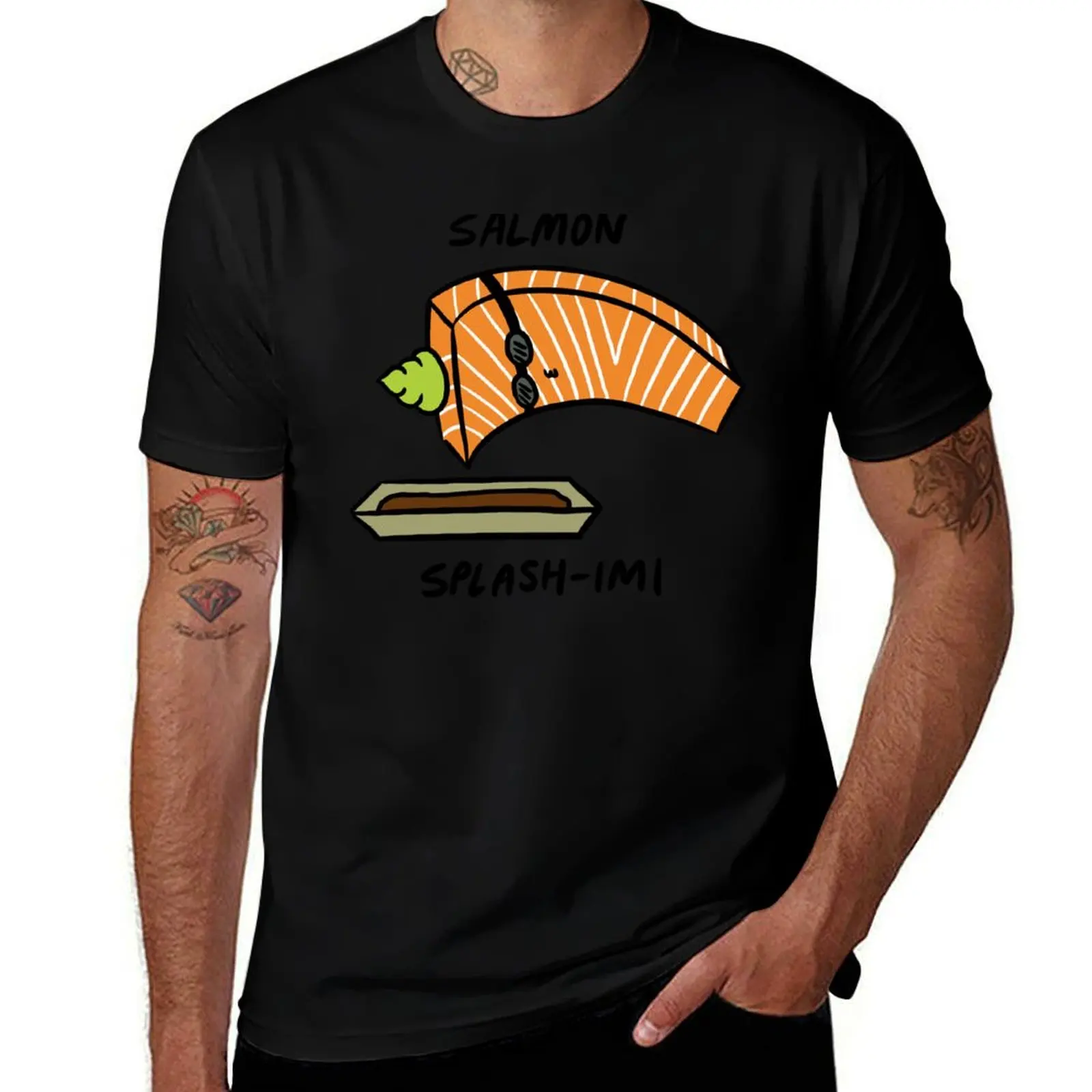 Salmon Splash-imi Diving Into Soy Sauce, Kawaii Sushi, Kawaii Salmon Sashimi T-Shirt Casual Daily Wear Short Sleeve Top T-Shirt