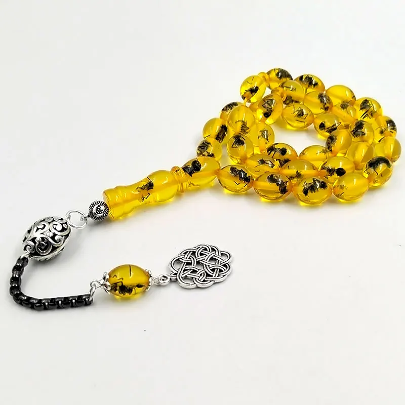 Tasbih men Yellow resin Real insect turkish misbaha Muslim Eid ADHA gift prayer beads bracelet arabic Fashion accessory on hand