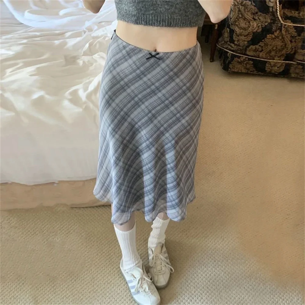 Y2k Chic Plaid Fish Tail Skirt for Women High Waist Knee-Length Color Block Vintage Style Commute Design Korean Half Body Skirts