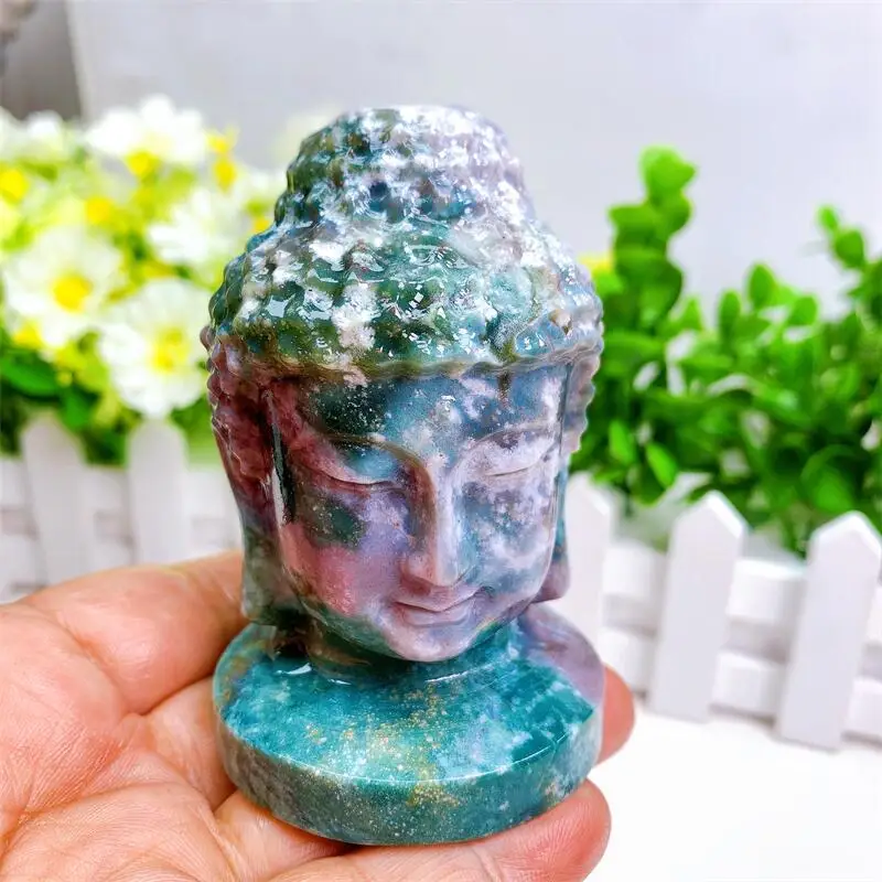 Estatuilla de Cabeza de Buda de cristal Natural, Jaspe oceánico, cuarzo, artesanías grabadas a mano, estatua de budismo, Feng Shui, decoración del hogar, 8cm, 1 piezas