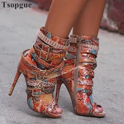 Snake Skin Mixed Color Buckle Strap Ankle Boots Thin High Heel Women Shoes Side Zipper Peep Toe 2024 Fashion Zapatos Para Mujere