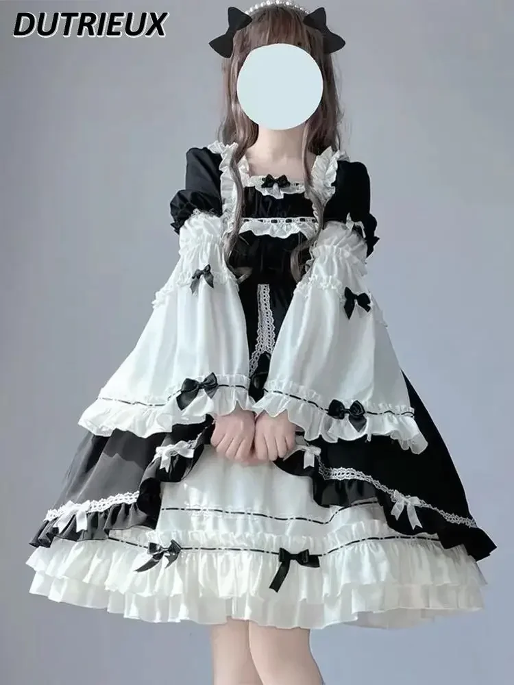 Women's Dresses Spring Autumn 2024 Sweet Cute Black and White Op Detachable Lolita Style Long Sleeve Casual Short Elegant Dress