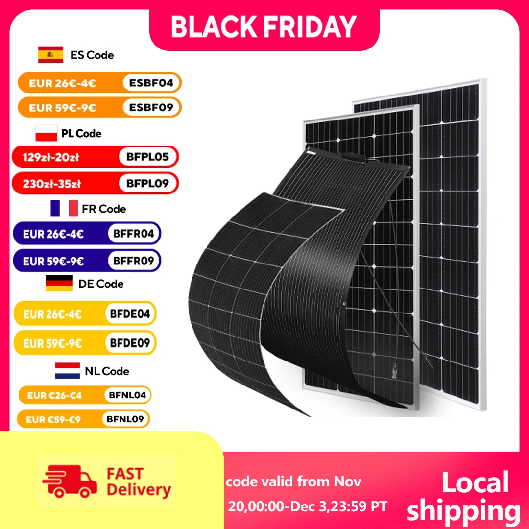 

Скидка на солнечные панели: солнечные панели с различными характеристиками мощности доступны: 100 Вт / 120 Вт / 150 Вт / 200 Вт.