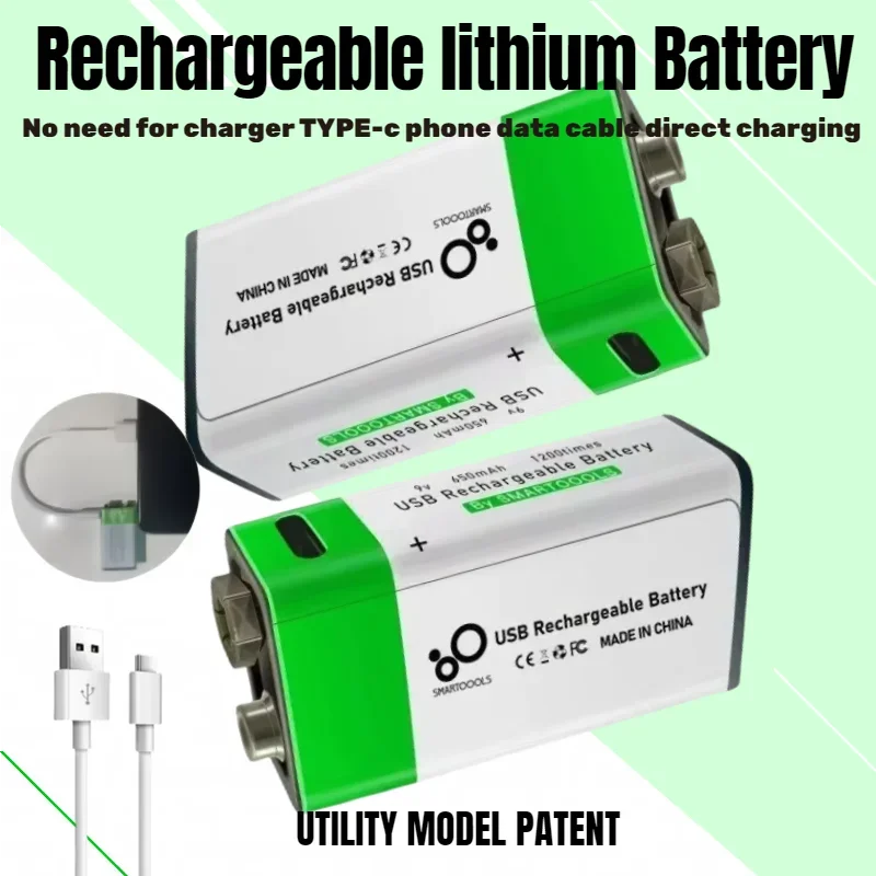 top9V Li-ion Rechargeable Battery USB Type-C Charging 650mAh for Multimeter Microphone Metal Detector Remote Control Toys