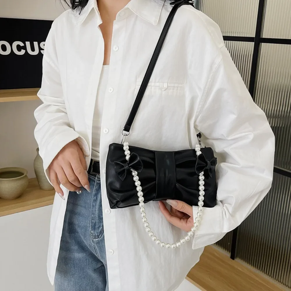

Girly Pearl Bow Cute Underarm Bag Fairy Women's Small Pink Shoulder Bag Soft PU Leather Female Pearlescent Clutch Purse Handbags