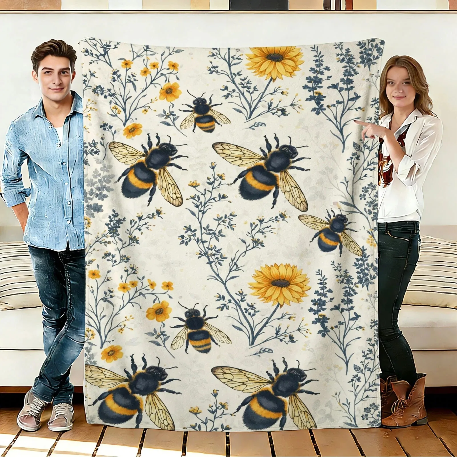 Bumble Bee Throw Blanket Cute Sunflower Floral Vintage Pattern Cozy Bed Blankets Luxury Decor for Sofa Couch Bed Living Room