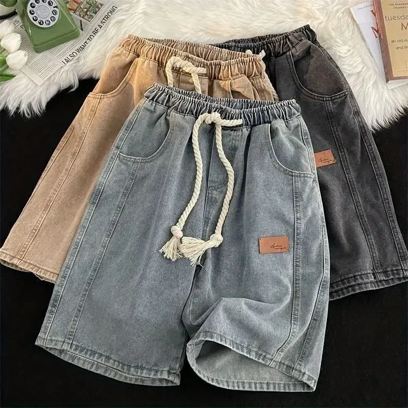 

Long Loose Bermuda Short Jeans Pants for Men Baggy Half with Pockets Wide Drawstring Man Denim Shorts Harajuku Popular Thin Sale