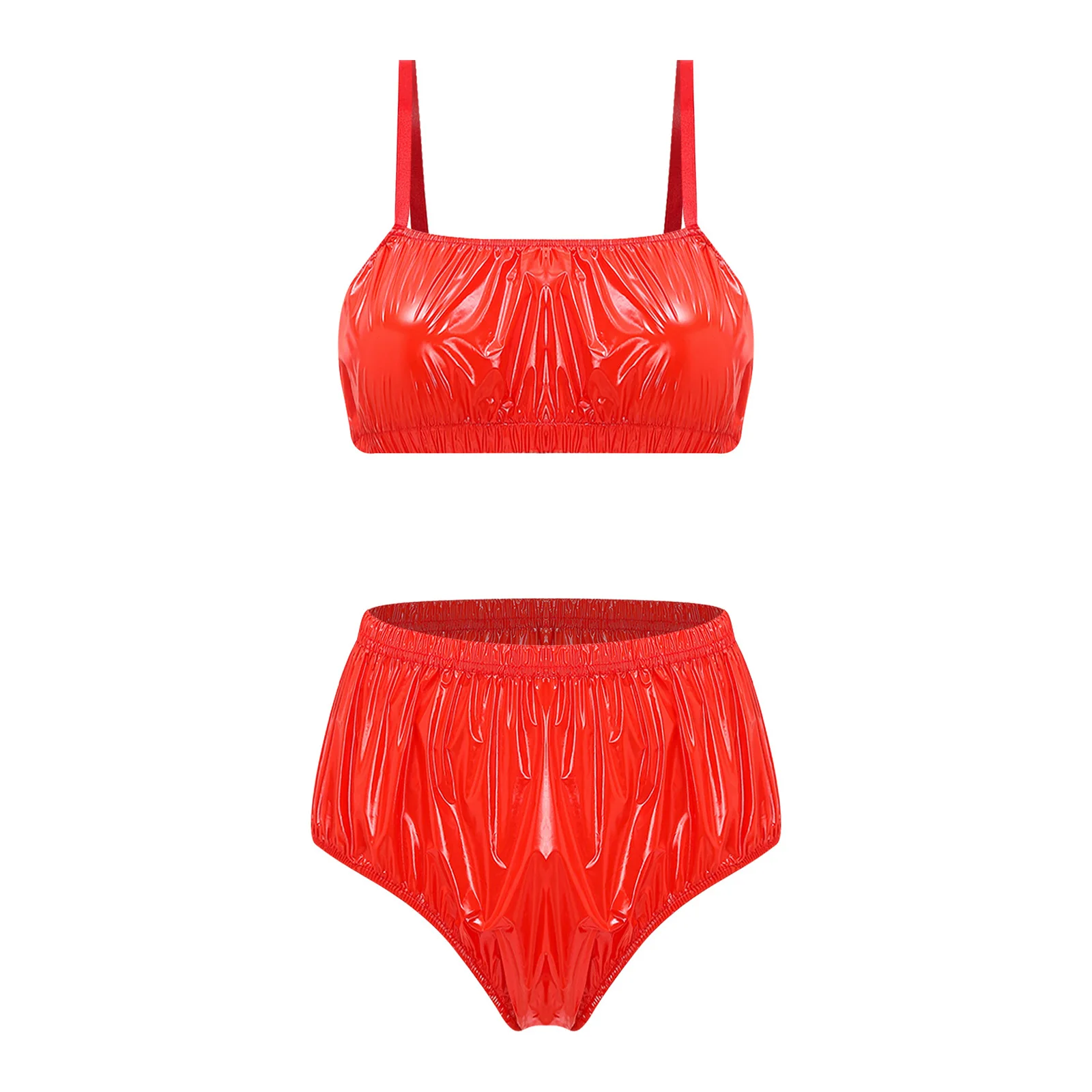 Womens Metallic Two Pieces Swimsuit Glossy Bikini Swimwear No-pad No-wire Bralette with High Waisted Briefs Beach Bathing Suit