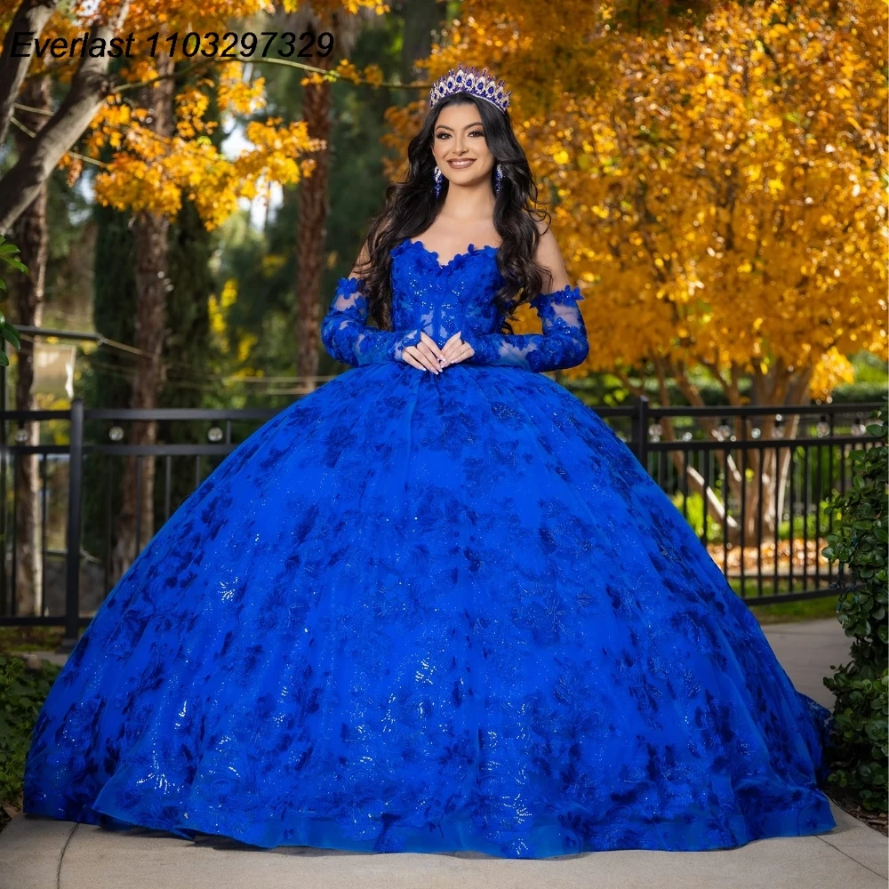 

EVLAST Customized Royal Blue Quinceanera Dress Ball Gown Lace Applique Beading Long Sleeve Sweet 16 Vestido De 15 Anos E1Q06